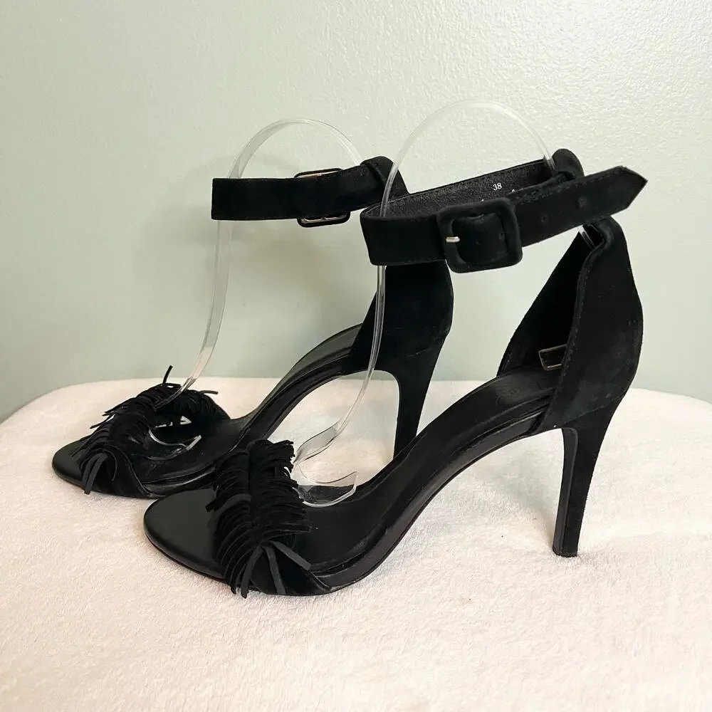 Joie Stiletto Heels 38 / 8 Black Ankle Strap Suede Fringe Party Cocktail Evening